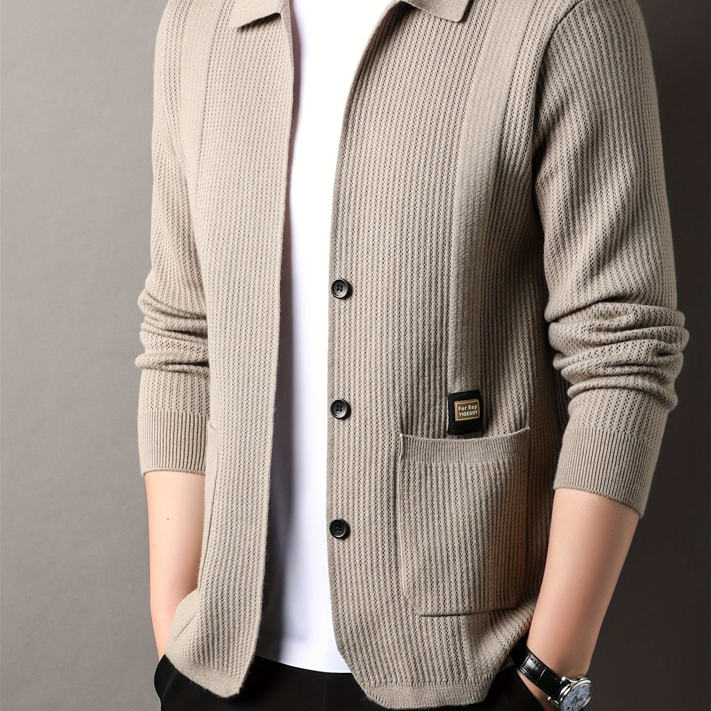 Casual V-neck cardigan for men in solid color with pockets, ideal for fall/winter.