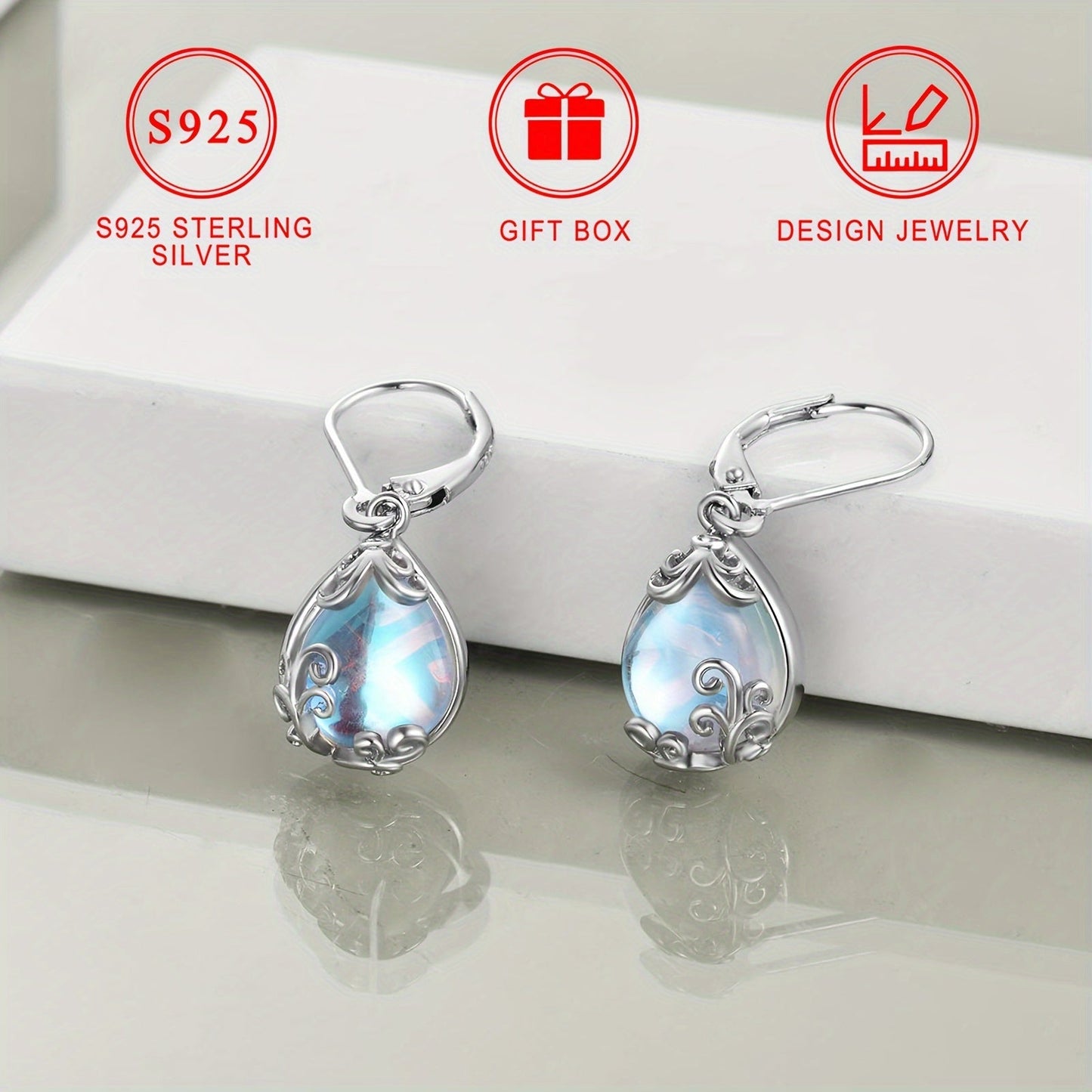 Sterling Silver Drop Earrings with Synthetic Moonstone Teardrop and Floral Design, Silver Plated, Hypoallergenic, Perfect for Women for Special Occasions, Comes in Gift Box.