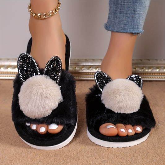 Women's Bunny Ears Glitter Slippers - All-Season Indoor House Shoes with Plush Furry Lining, EVA Sole, Soft Fabric Upper for Cozy Comfort