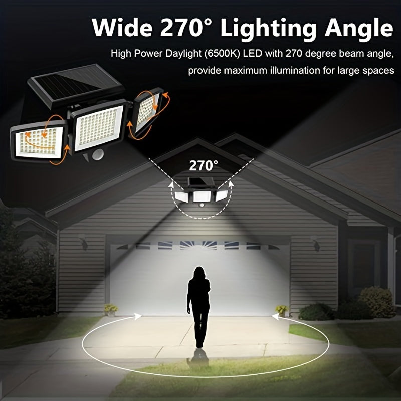 Triple head solar street light with 210 LEDs and 3 lighting modes, great for outdoor areas.