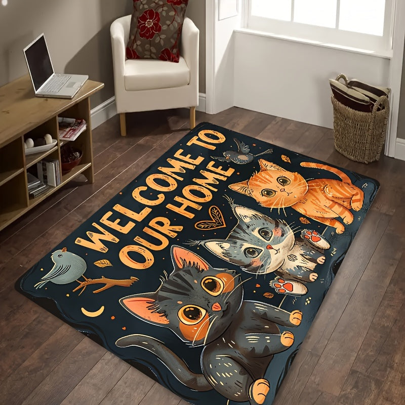 Add a Touch of Adorableness to Your Home with this Cute Cats "Welcome to Our Home" Doormat - Easy to Clean Machine Washable Polyester Non-Slip Rug Perfect for Any Room in Your House or Outdoor Area - Stylish and Functional Mat to Keep Your Space Clean