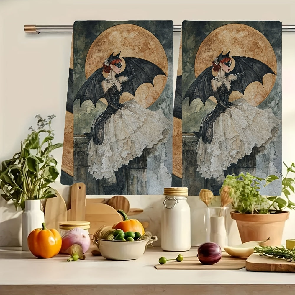 Two pieces of kitchen towels inspired by Albert Joseph Penot featuring a Bat Woman design. These ultra soft and highly absorbent polyester dish hand towels measure 40.64x60.96 cm and boast a gothic elegance design. They are machine washable and perfect