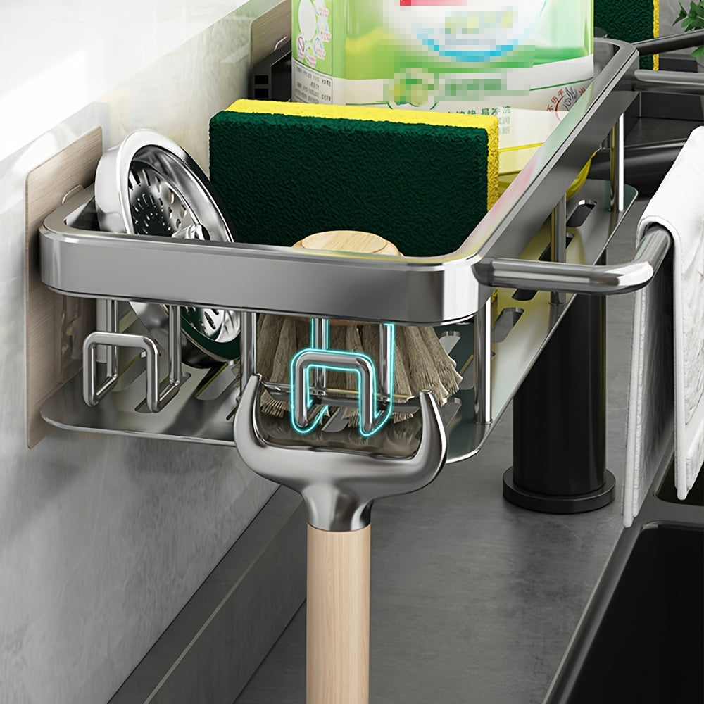 Wall mounted kitchen storage rack with built-in dish drainer and space-saving design, no need for drilling holes. Perfect for storing dish cloths and other kitchen accessories. Great multi-functional organizer for the home.