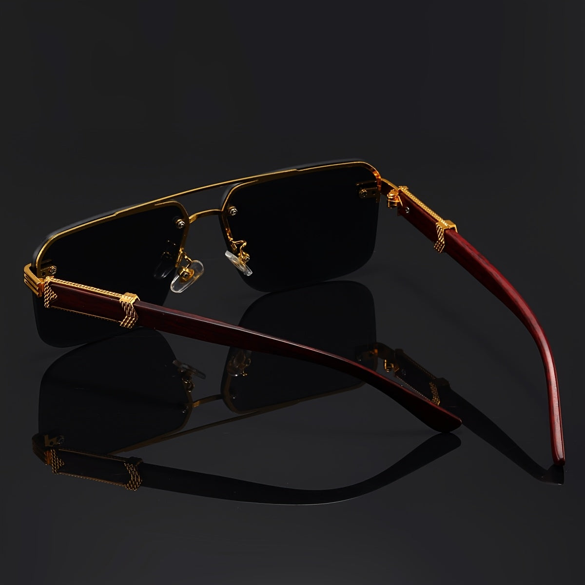 Frameless luxury glasses with anti-glare, wooden patterned temples, ideal for both men and women while driving.