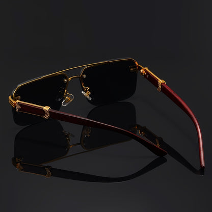 Frameless luxury glasses with anti-glare, wooden patterned temples, ideal for both men and women while driving.