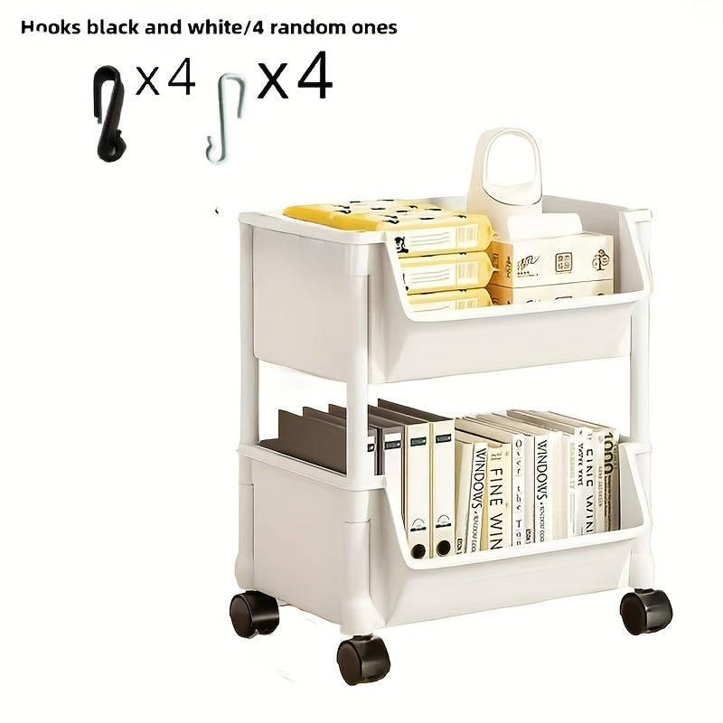 Multi-layer trolley shelf for floor-to-ceiling storage of snacks, fruits, vegetables, and books. Made of durable plastic, no batteries needed.