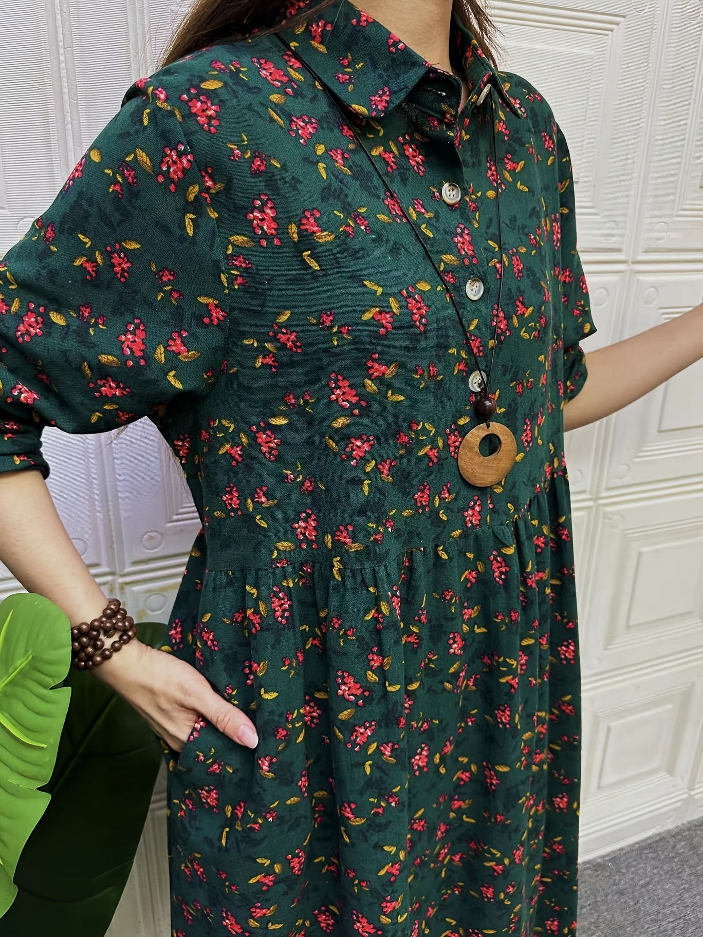 Spring and Summer Retro Ethnic Style Linen Shirt Collar Dress with Small Floral Blouse