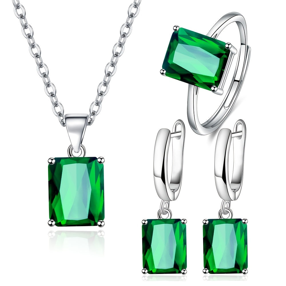 Chic Retro 925 Sterling Silver Jewelry Set featuring Square-Cut Synthetic Cubic Zirconia Stones - Set includes Earrings, Necklace, and Ring - Beautifully Silver Plated, Perfect for Everyday Wear or as a Thoughtful Gift for Special Occasions like