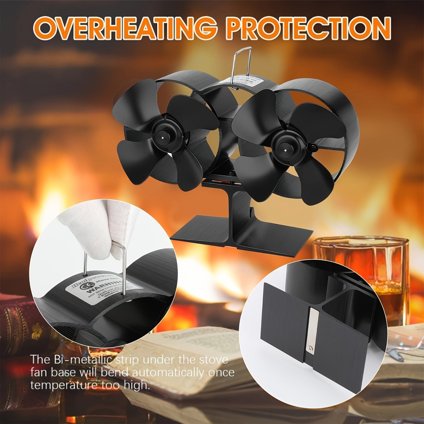 Wood stove fan with dual motor, 8 blade design, and magnetic thermometer. Perfect for use with eco-friendly heat sources like wood burning stoves, wood pellets, and more during the winter months.