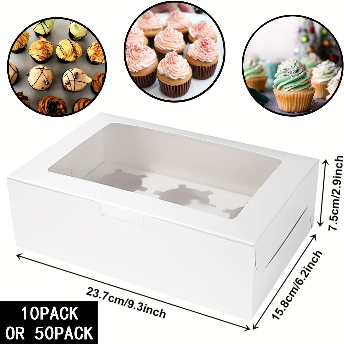 10 to 50 pieces of cupcake boxes in varying sizes (1, 2, 4, 6, 12 holes) with a transparent window. These white cardboard boxes are perfect for muffins, tarts, biscuits, snacks, desserts, and cakes. Ideal for use in cake houses, parties, bakeries, and as