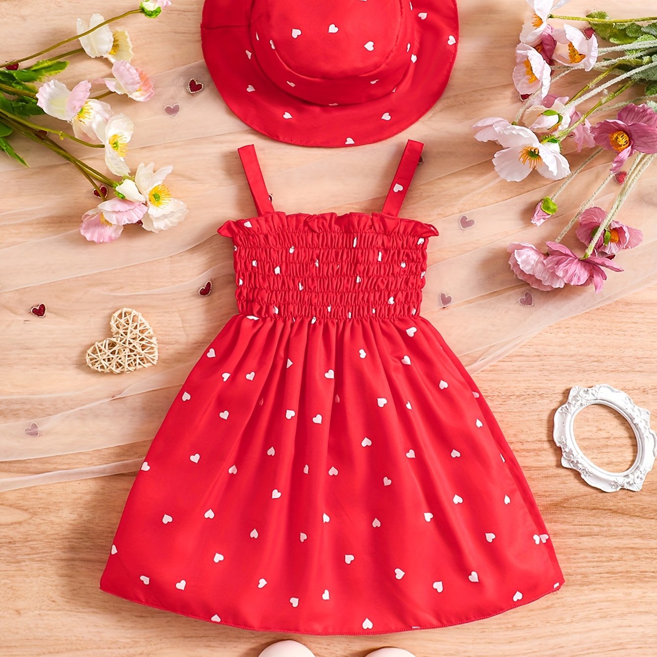 Girls' 0-3 Years Summer Love Print Dress Set with Halter Neck and Matching Hat in Two Colors