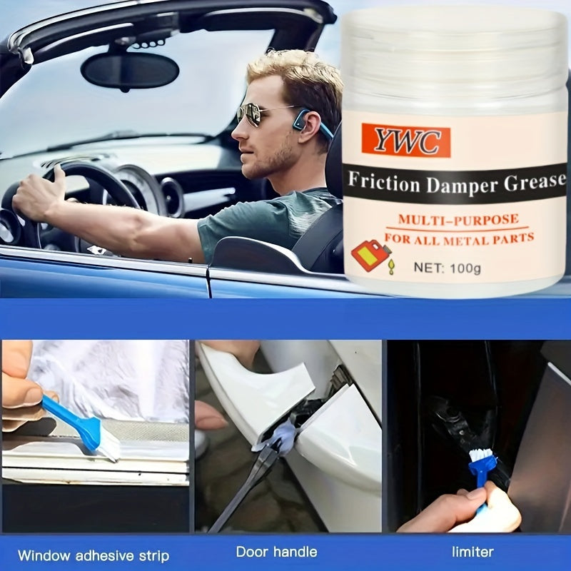 Skylight track, hinge, and window seal maintenance kit for reducing car grease noise and ensuring smooth operation. Contains factory solid paste lubricant for lubricating metal corners. Mini version with 100g set and brush included.