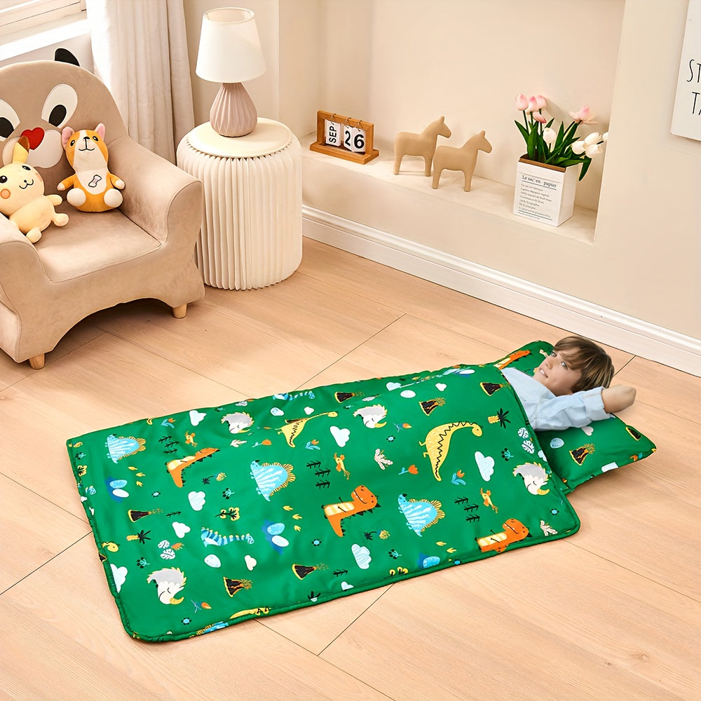 1 piece of BEEWEED Dinosaur Print Nap Mat including Pillow and Blanket, made of Polyester Sleeping Bag. It is Foldable & Portable, Moderately Soft, Non-Washable, suitable for Daycare, Travel, Camping, for children aged 3-6 Years. This would make an Ideal