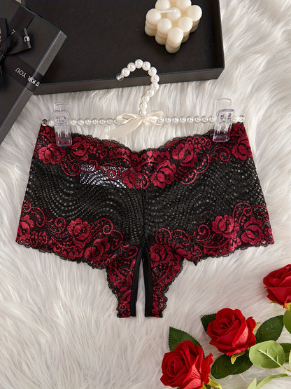 Floral lace panties with open crotch, mid-rise, and semi-sheer design, perfect for sexy lingerie.