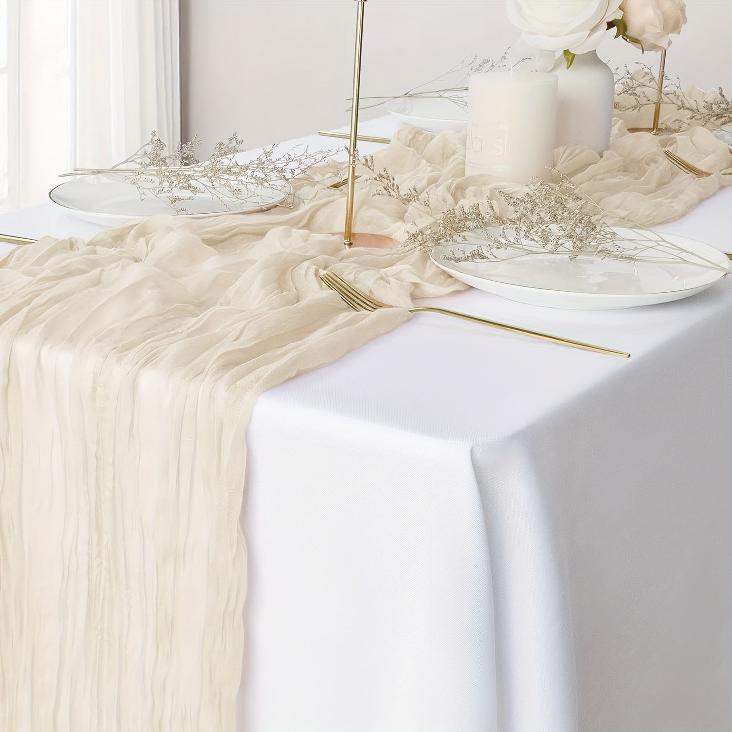 1pc Balinese pleated table runner in elegant beige fabric, ideal for holiday and wedding décor.