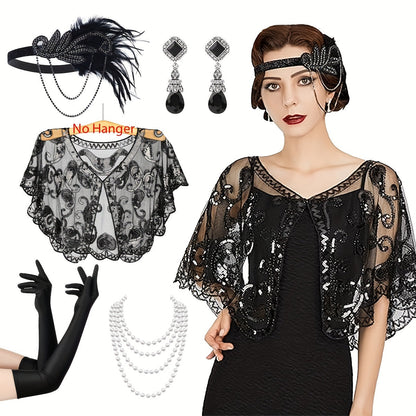 Women's Gatsby Costume Set - 1920s Flapper Accessory Kit Featuring Headband, Sequined Shawl, Beaded Earrings, Faux Pearl Necklace, Evening Satin Gloves. Perfect for Roaring 20's Parties, Weddings, and Retro Fashion Events.