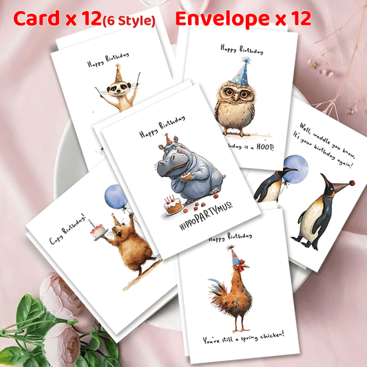 Set of 24 Animal-Themed Birthday Cards with Matching Envelopes - Includes Hippos, Penguins, Eagles, and More - Ideal for Thank You Messages and Presents