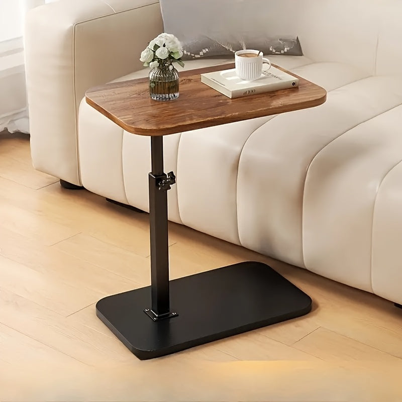 Multi-functional side table with adjustable height, wooden top and iron frame, ideal for various living spaces.