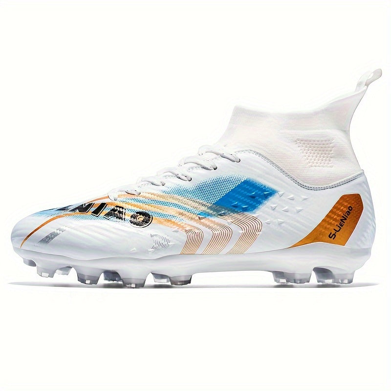 Men's High-Top Soccer Cleats with Large Size, Geometric Pattern, All-Season Training, Non-Slip, Lace-Up, Faux Upper, Fabric Inner & Insole, TPU Sole, Professional Sports Style.