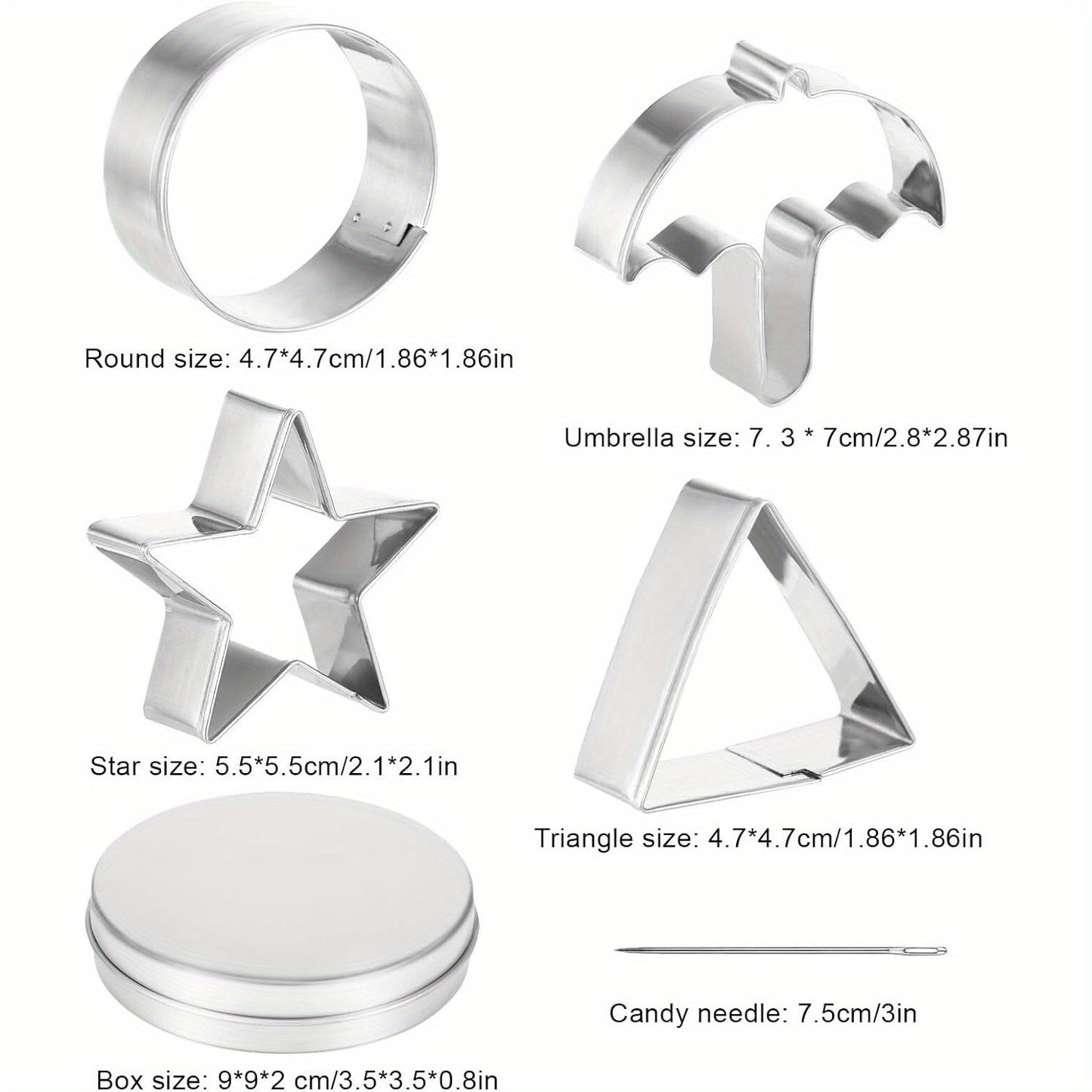 Set of 4 stainless steel cookie cutters: star, umbrella, triangle, and circle. Includes 4 mold boxes for baking cakes and cookies.