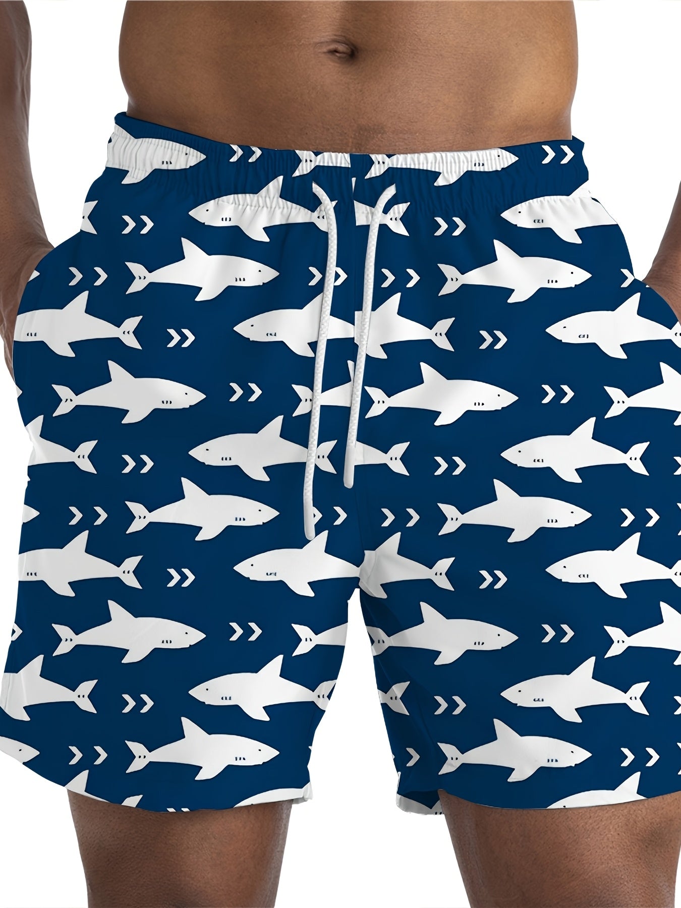 Quick-dry ocean style swim shorts for men with shark print, in plus size