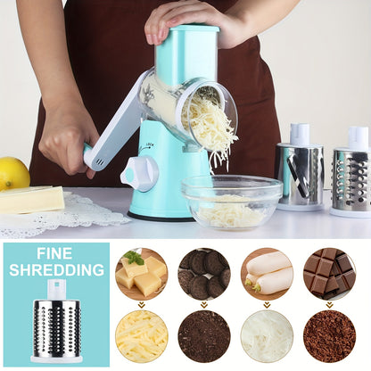 Three-in-One manual cheese and vegetable grater made of durable plastic with interchangeable shaving rollers, suitable for kitchen, camping, and RV use. Easy to use, rustproof, and easy to