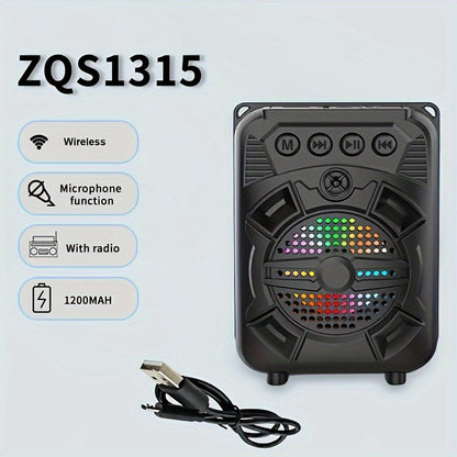 Portable, anti-fall wireless speaker with super bass, LED light, TF/USB/FM/AUX/Wireless connectivity, karaoke feature, and phone holder. Ideal for live music and home parties.