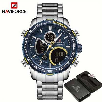 NAVIFORCE Men's Stainless Steel Wristwatch with Night Vision, Multiple Dials, Date Display - Durable and Stylish Timepiece for Outdoor Activities.