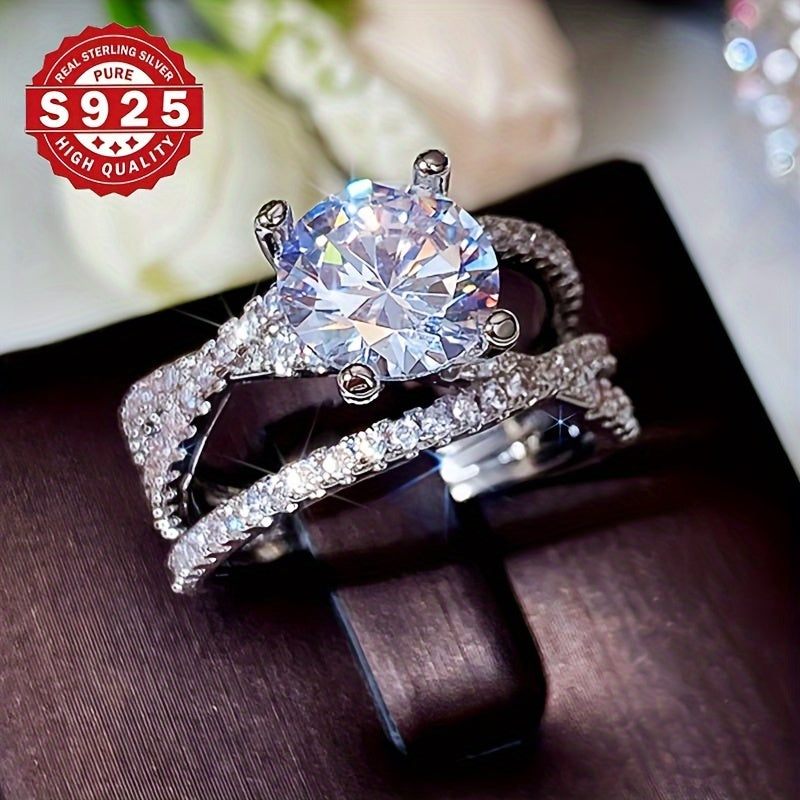 Stylish 925 Sterling Silver Engagement Ring adorned with Cubic Zirconia, Stunning Party Wedding Band, Ideal Romantic Valentine's Present, Versatile Fashion Accessory for Women of All Seasons