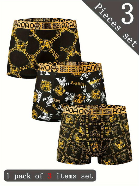 Set of 3 Men's stylish boxer briefs with black and golden chain print, quick-drying and breathable for sports.