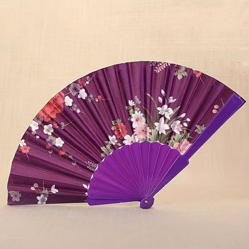 Silk fabric foldable fan for women - suitable for dancing, gifting, square dancing, or as an antique fan - made of high-quality plastic material.