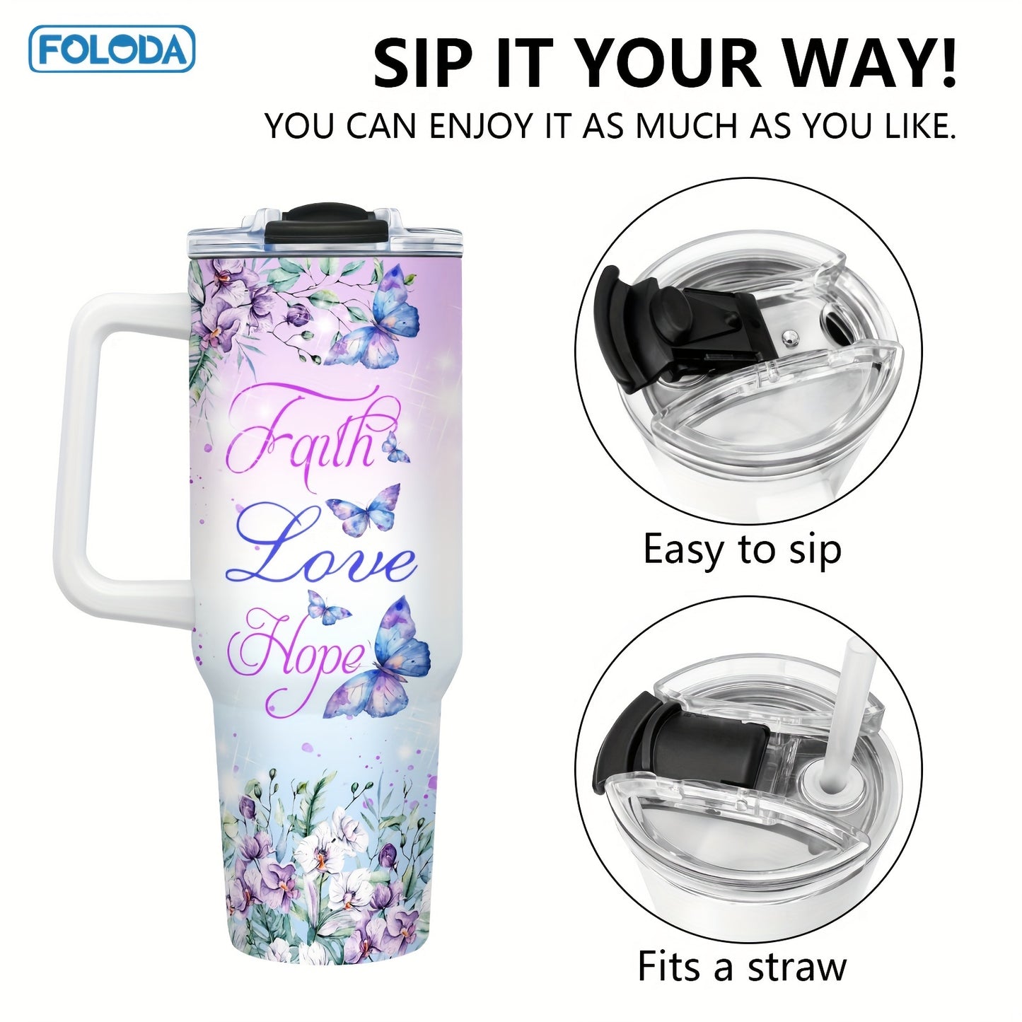 The Foloda 40oz stainless steel water bottle is an ideal gift for women, perfect for running and outdoor activities. It features an oval shape design, insulated vacuum technology, a handle, and straw. Hand wash only, PVC free. Great for Christmas