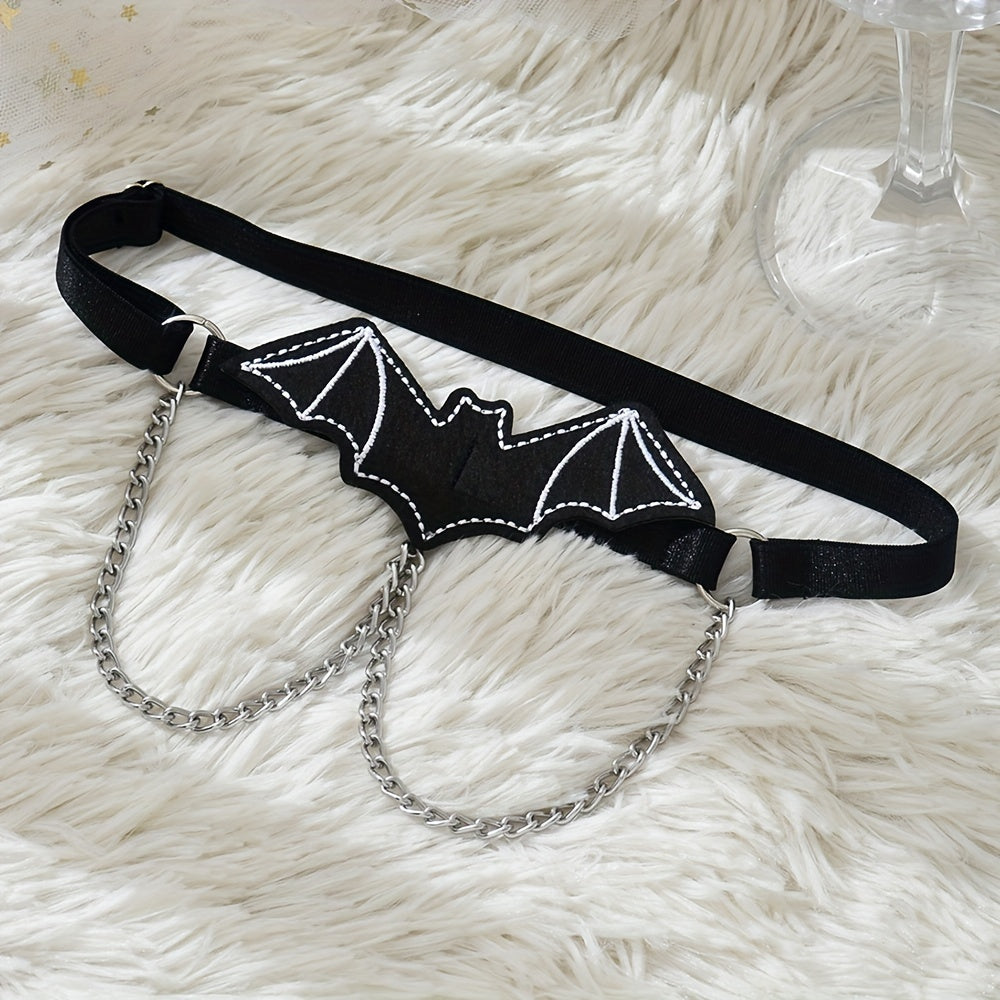 Sexy lingerie accessory featuring personalized design, bat pattern, metal chain garter belt, and drawstring leg loops.