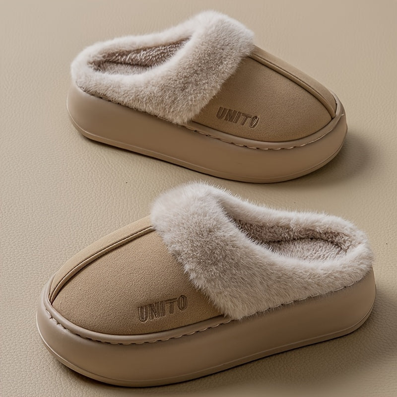 Cozy winter plush slippers for men and women with soft fabric lining, non-slip sole, machine washable. Available in beige and gray with white fur trim. Perfect for indoor comfort.