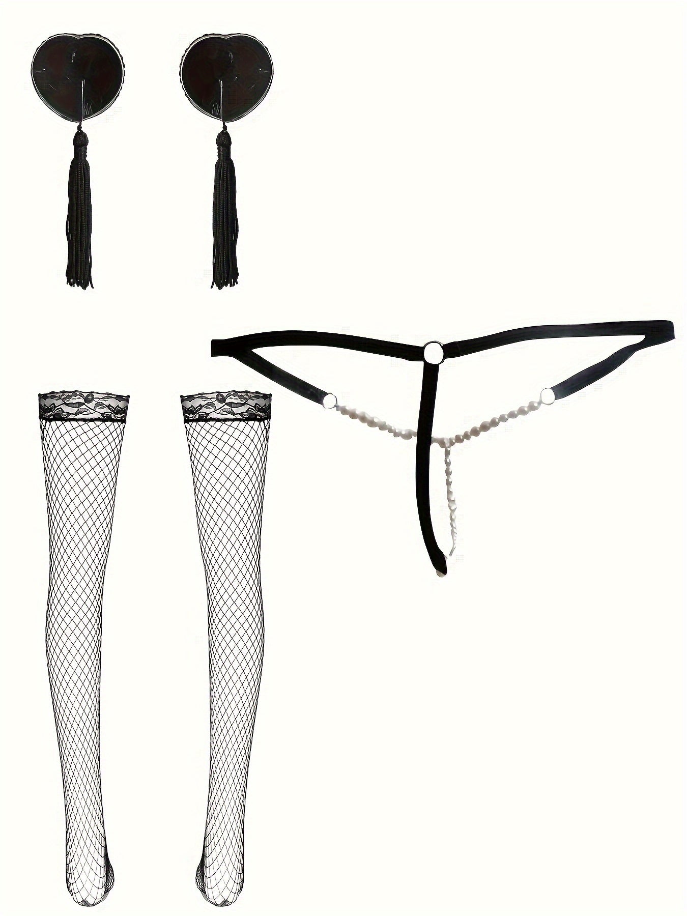 Women's sexy lingerie set includes a pearl thong, breast patches, stockings, and lace eye mask.