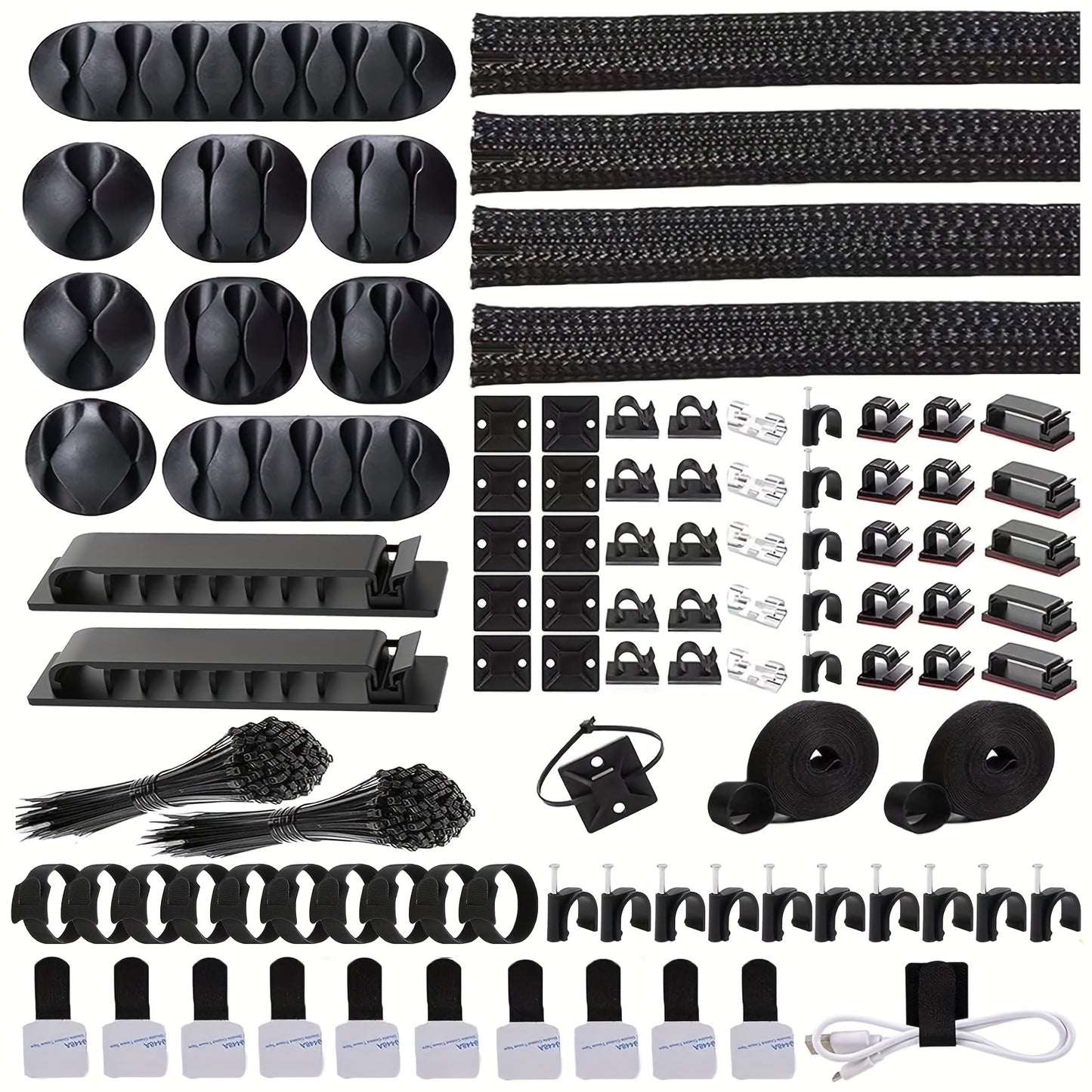 302 piece cable management kit includes cable sleeves, clips, holders, organizer straps, fastening ties, zip tie mounts for under desk organization in black.