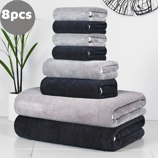 This 8-piece set includes 2 bath towels (68.58 X 139.7 cm), 2 towels (34.8 X 74.93 cm), and 4 square towels (29.97 X 29.97 cm). They are super soft, quick-drying, absorbent, and