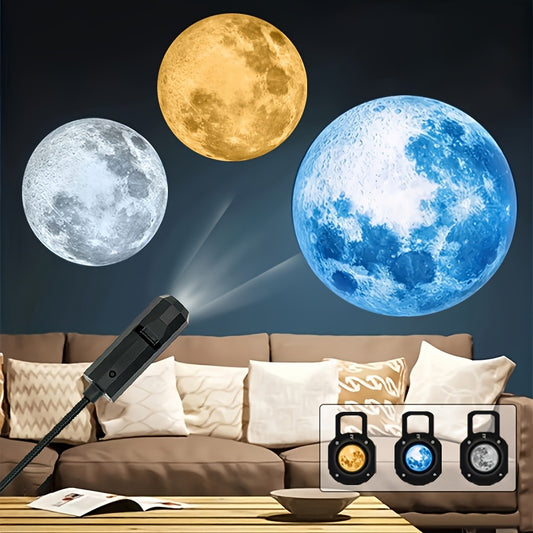 One lamp with 3 moon lamp inserts in yellow, white, and blue colors. USB plug portable LED projection lamp for bedroom ceiling decoration. 360° rotatable lamp suitable for photo background