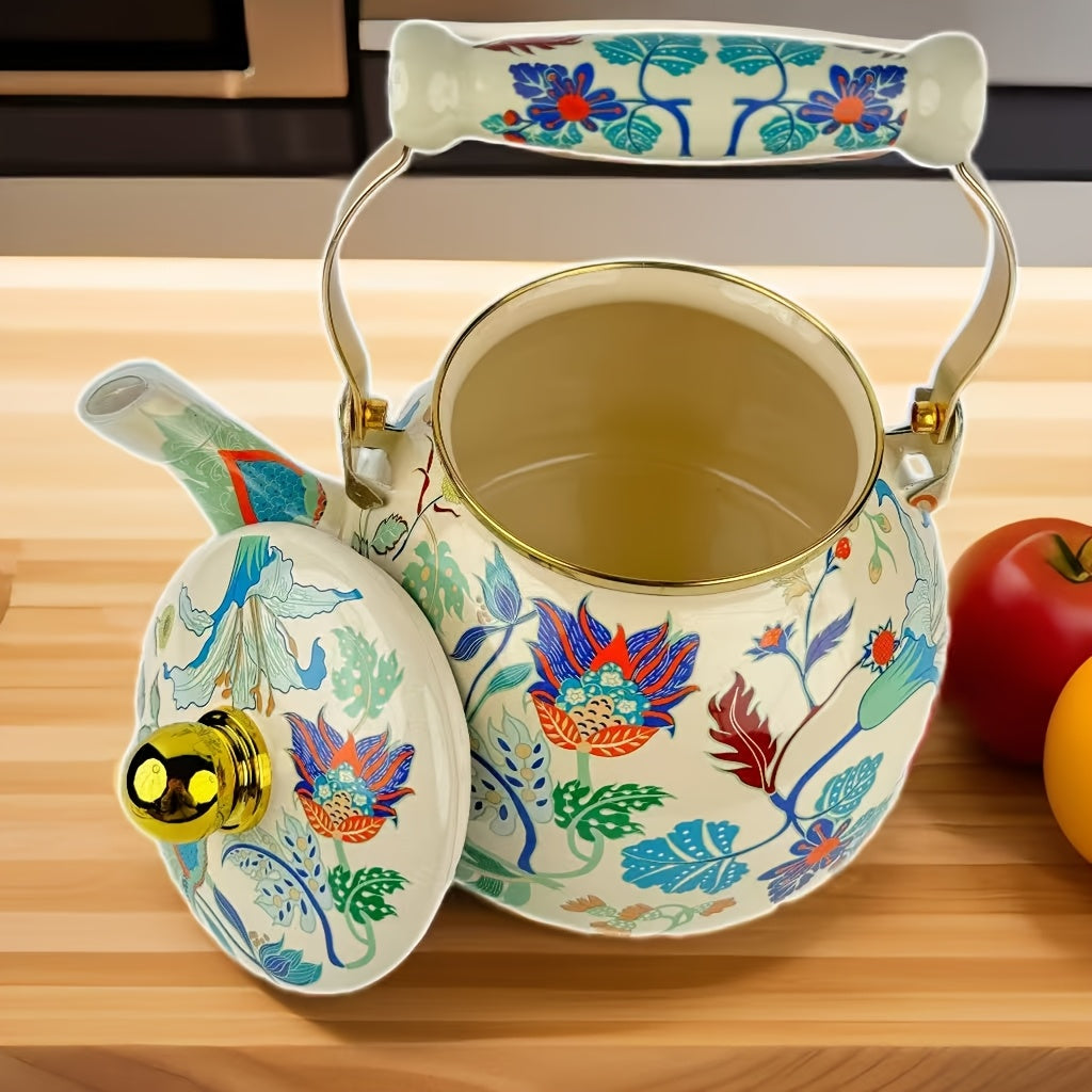 This enamel kettle has a retro and fresh style, making it perfect for brewing tea, fruit tea, coffee, or milk. It is suitable for use on any stove and promotes good health.