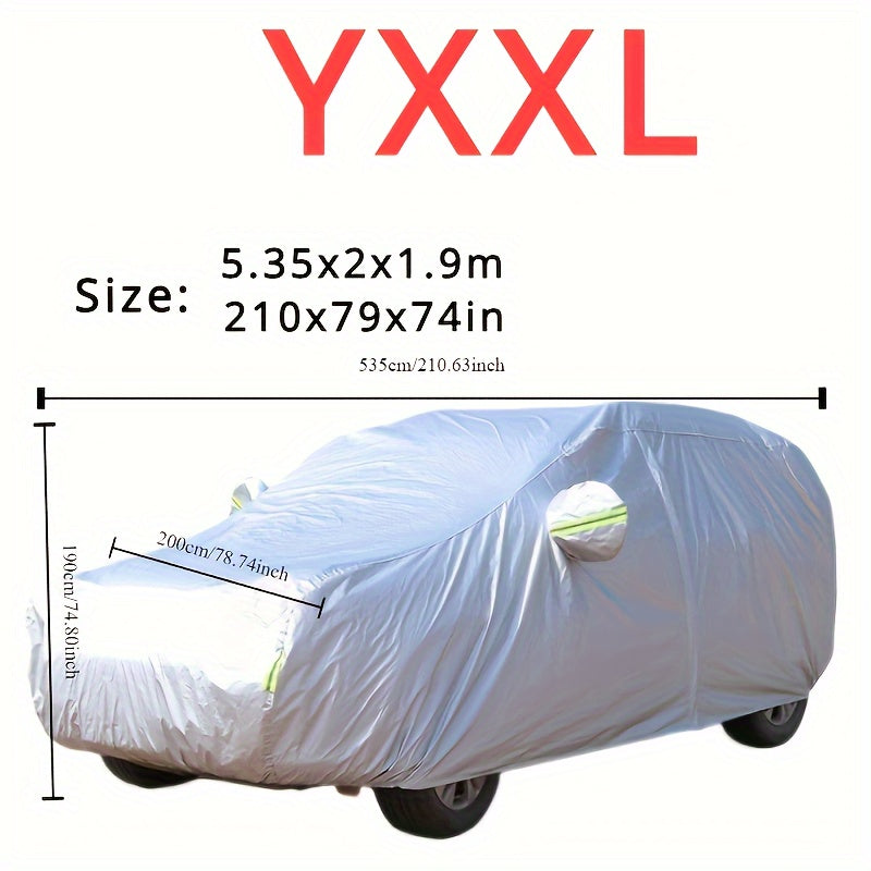 Car cover with UV and dust protection, suitable for cars, pickups, SUVs, and hatchbacks. Features reflective strip for added protection. Suitable for outdoor use.