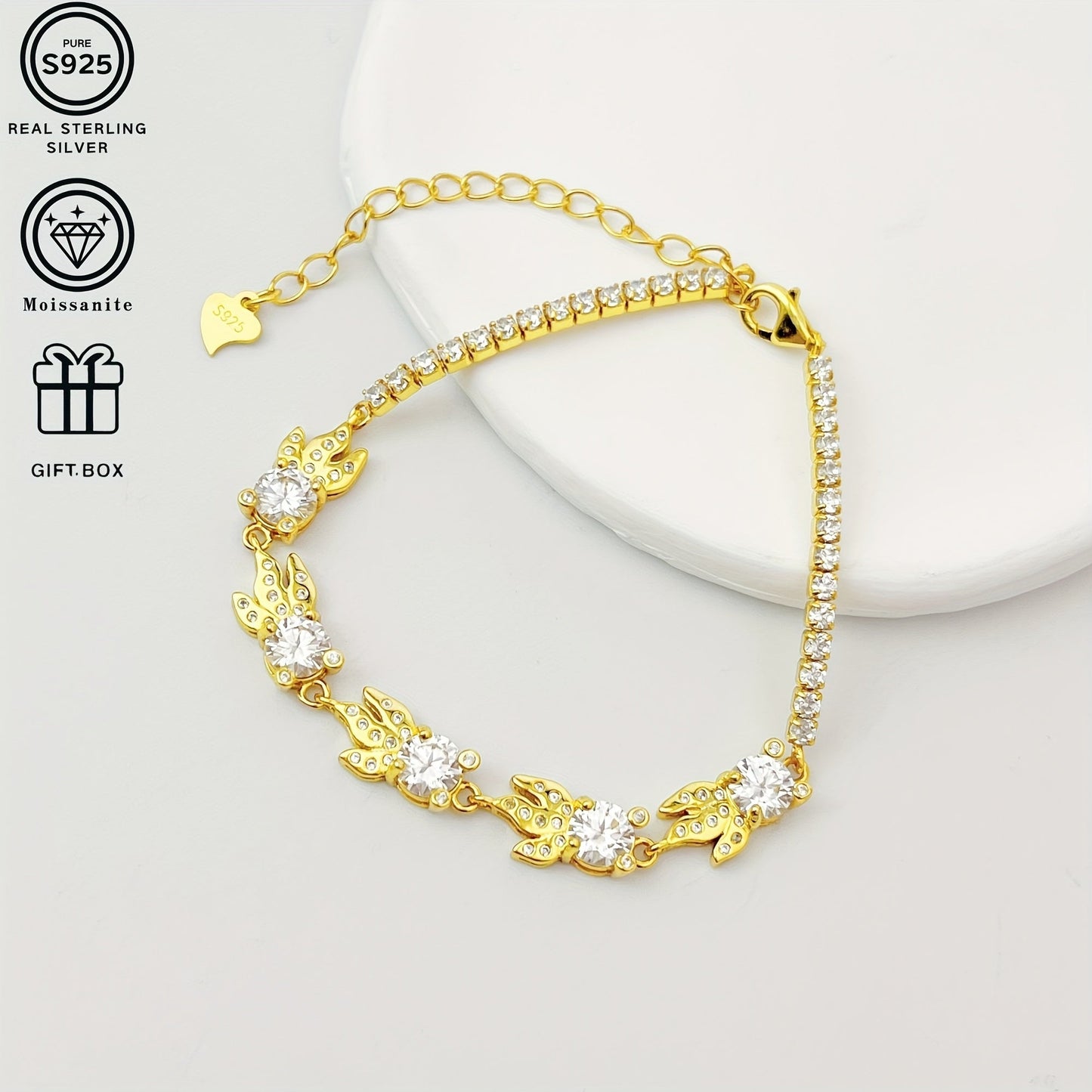 Get ready to dazzle with the exquisite Odek Elegant Sterling Silver Bracelet adorned with a stunning 0.5 Carat Goldfish Moissanite stone. This 18K Golden Plated bracelet is hypoallergenic and weighs only 5.15g, making it comfortable for all-day wear.