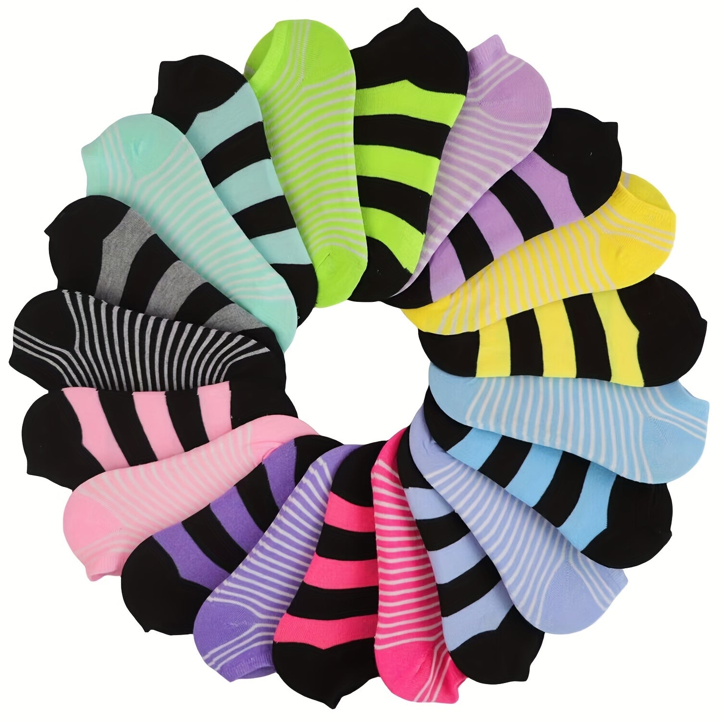 20 pairs of candy-colored, lightweight, and breathable low cut ankle socks for women.