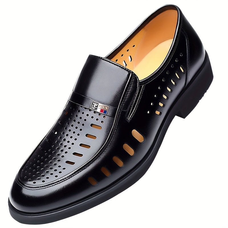 Men's slip-on formal shoes with hollow out design, wear-resistant and non-slip for business wear.