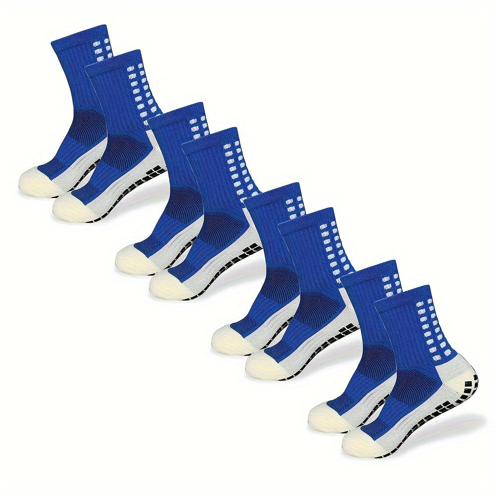 4 pairs of men's football socks made of knit polyester with terry bottom. Features include anti-smell, anti-slip, and wear-resistant properties. Machine washable and composed of 20% Spandex