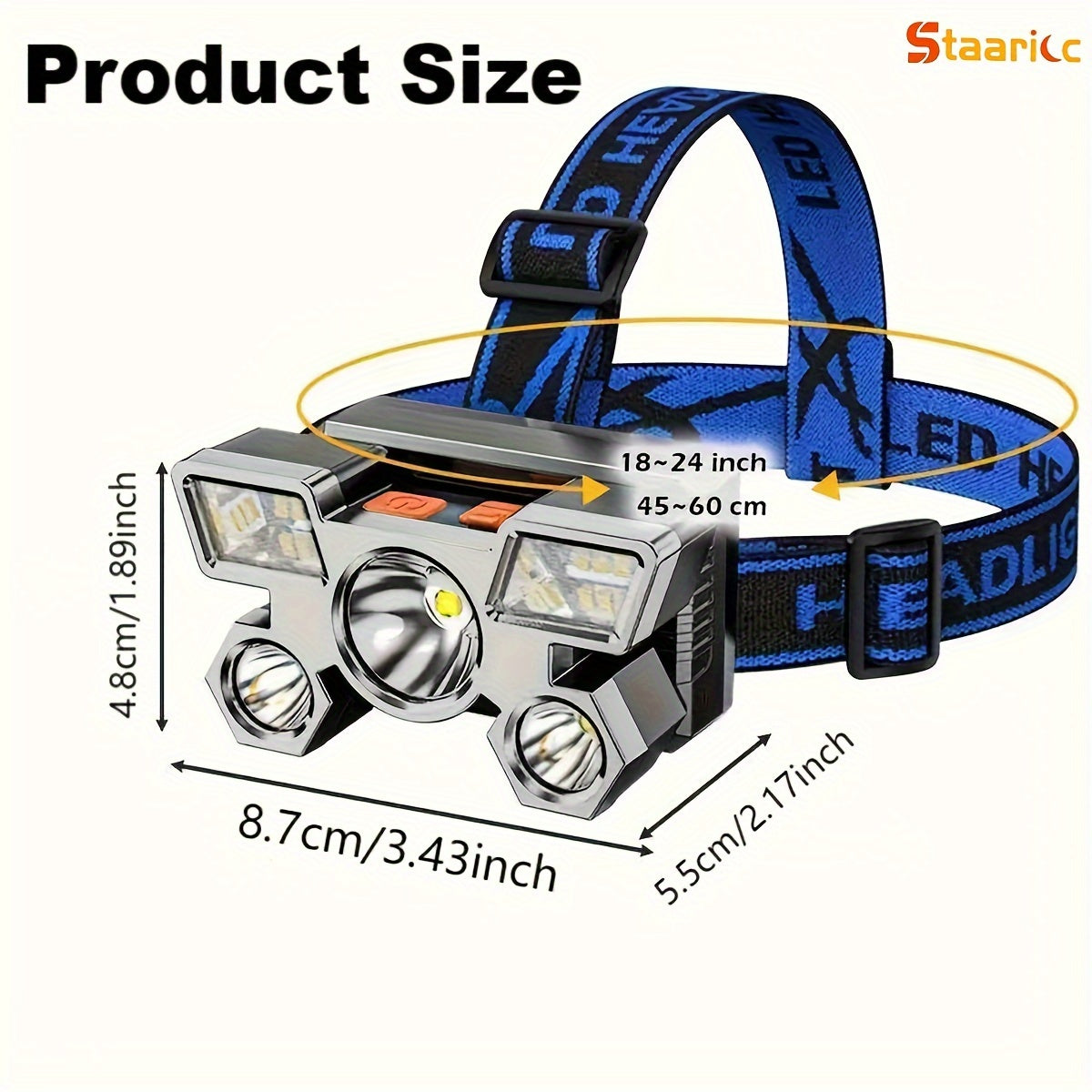 Staaricc 1/2шт USB перезаряжаемый налобный фонарь, 4 режима портативный легкий 5 LED налобный светильник, для кемпинга на открытом воздухе, рыбалки, горного фонаря (Синий/Золотой)