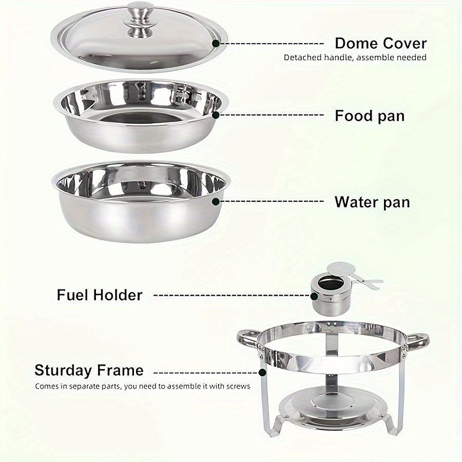 Keep your dishes warm with this stainless steel buffet warmer set, complete with detachable chafing dish, lid, and fuel stand. Ideal for family gatherings, outdoor camping, and holiday parties. This set includes a water pot and makes the perfect