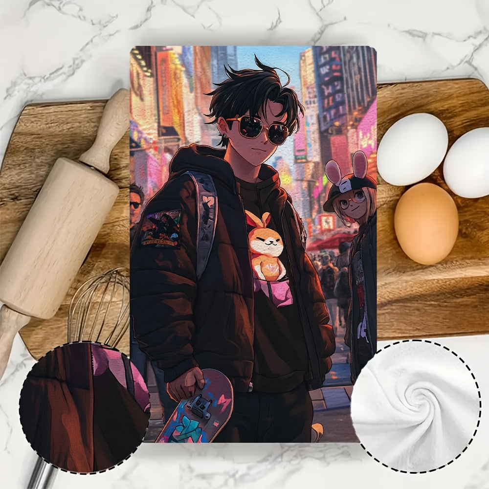 Set of 2 Ultra Soft Kitchen Towels featuring a stylish Anime Boy skateboarding through the city with his friends. Highly absorbent and perfect for holiday decor, these machine washable hand towels are 16x24 inches in size. Code: 2KYSYS1215016