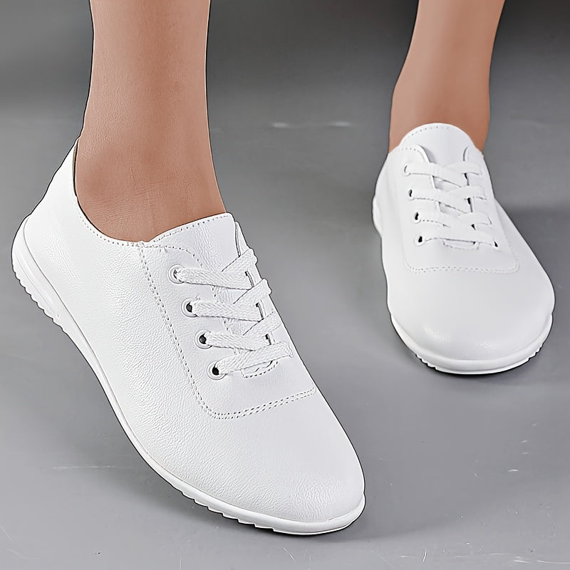 Casual white sneakers for women with lightweight, durable, non-slip design, round toe, lace-up style, faux leather upper, and PU sole, ideal for casual outfits.