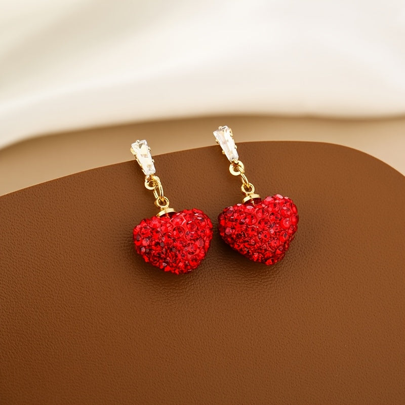 Chic Red Rhinestone Heart Earrings, Set of 2 Peach Heart Dangle Earrings featuring UV Coating, Copper Base, and 925 Silver Posts. Perfect for everyday wear and special occasions. Embrace the Korean trendy, retro, and elegant style.