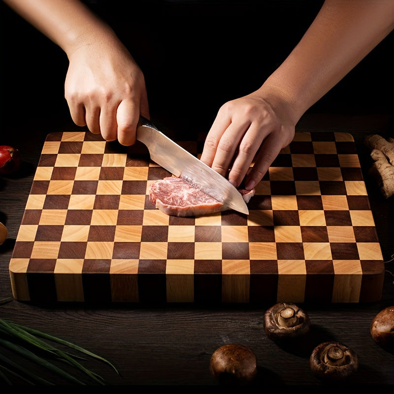 Large Vintage-Inspired Wood Cutting Board with Checkered Butcher Block Design - Thick and Food-Safe Chopping Board for Kitchen Use